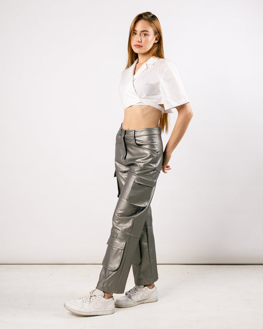 Topstitched silver leather trousers