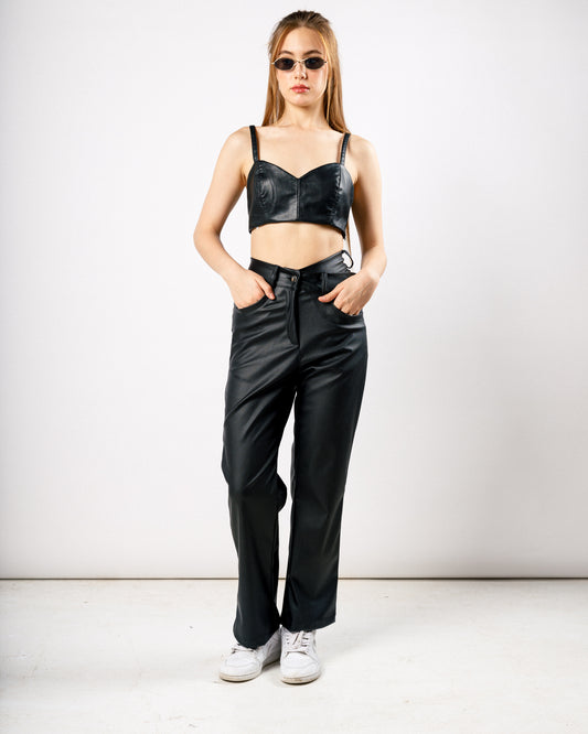 Criss-cross high-rise leather trousers