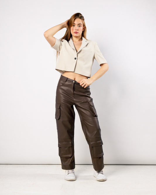 Topstitched cocoa leather trousers