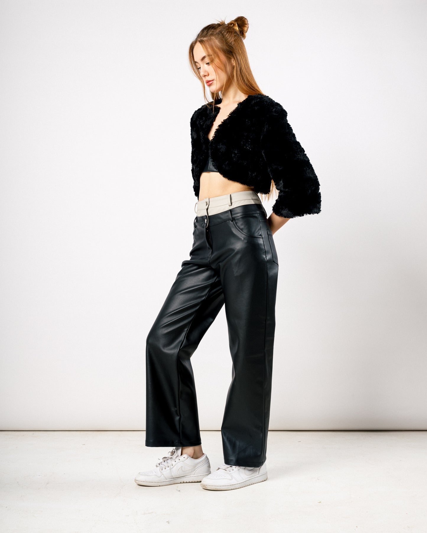 Black X Grey duplicated high-rise leather trousers