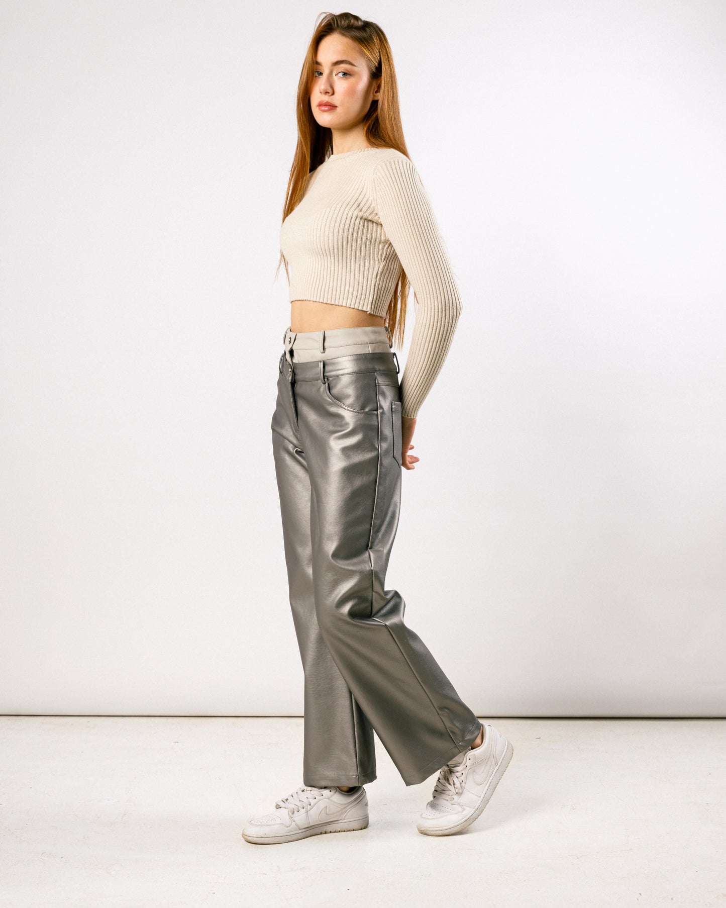 Silver X Grey duplicated high-rise leather trousers