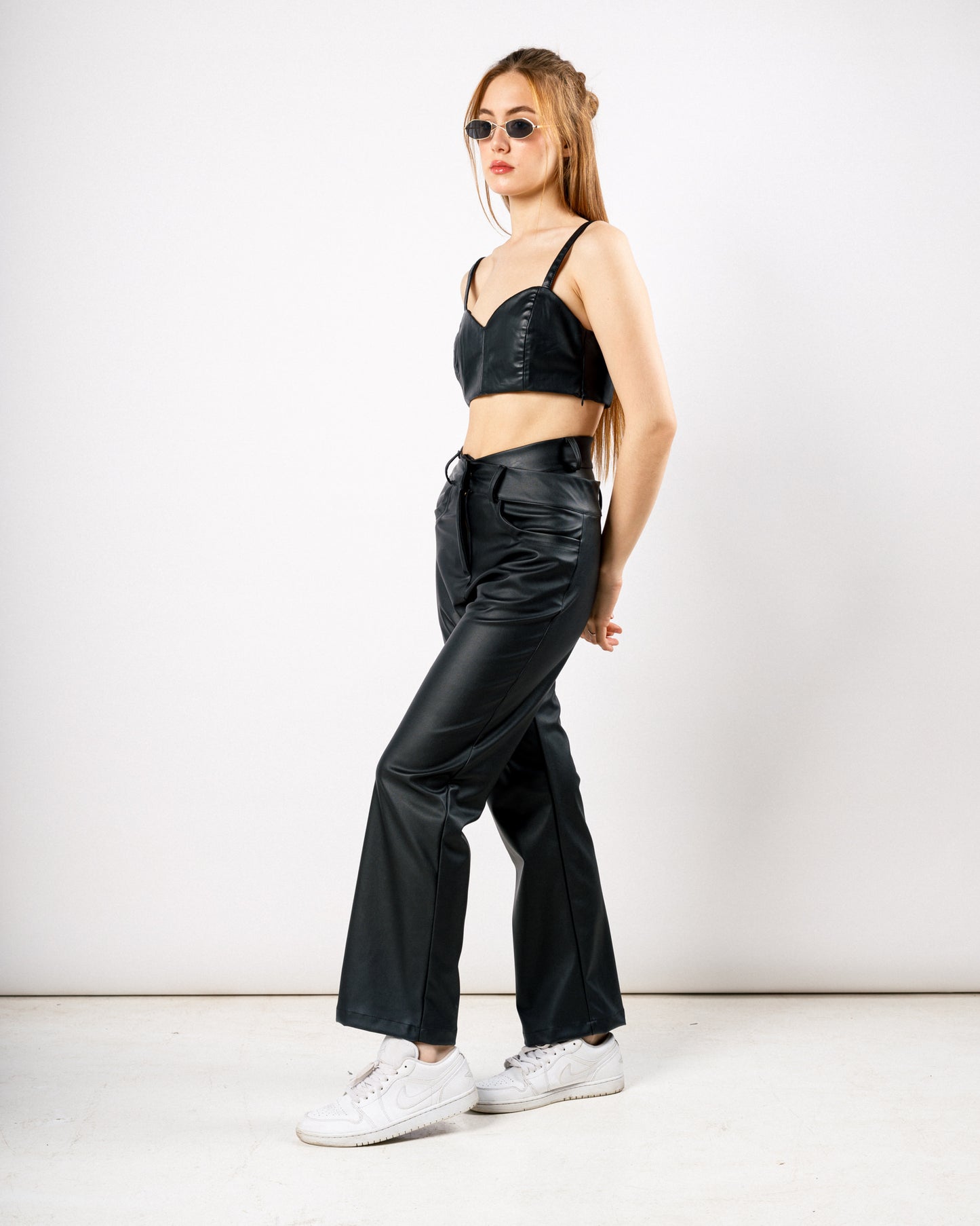 Criss-cross high-rise leather trousers