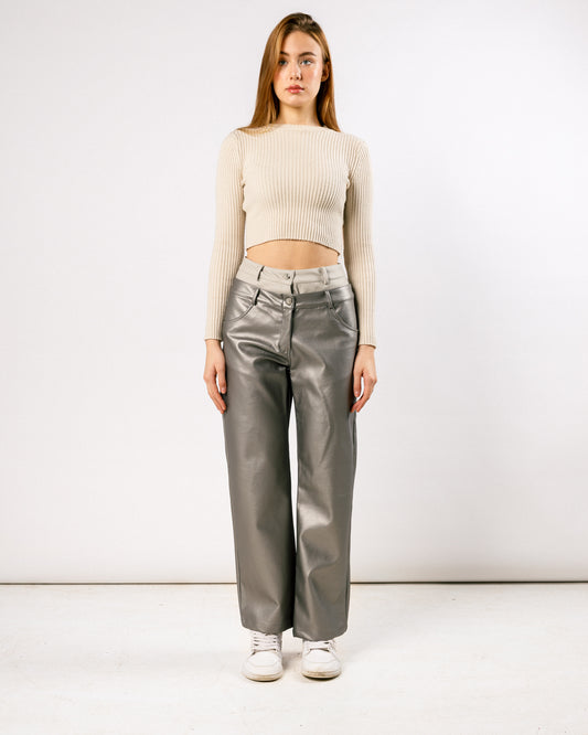 Silver X Grey duplicated high-rise leather trousers