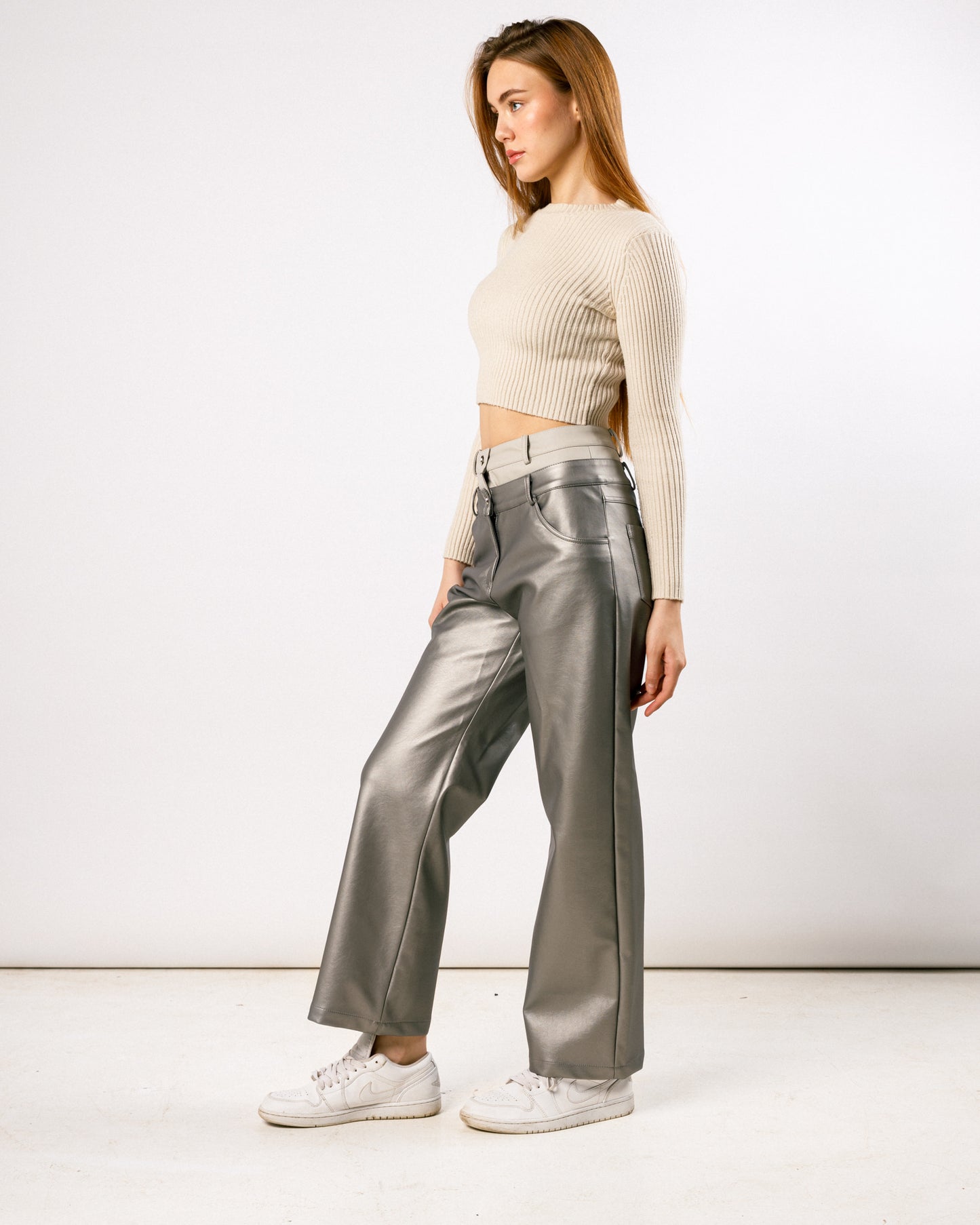 Silver X Grey duplicated high-rise leather trousers