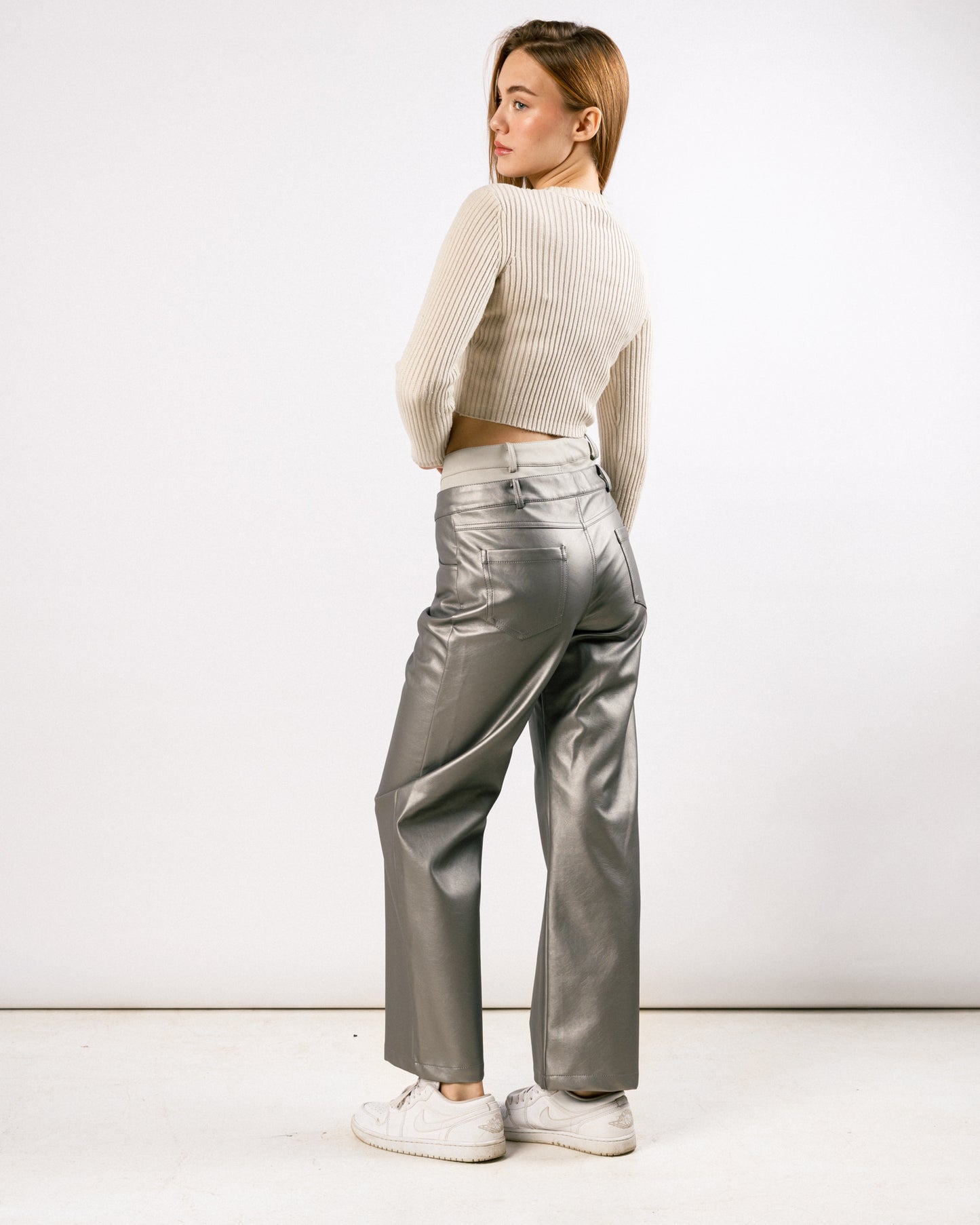 Silver X Grey duplicated high-rise leather trousers