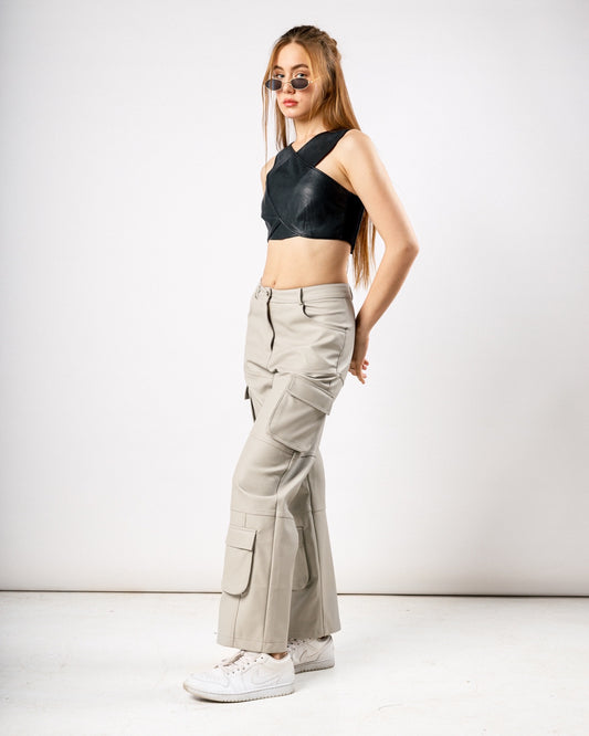 Topstitched grey leather trousers